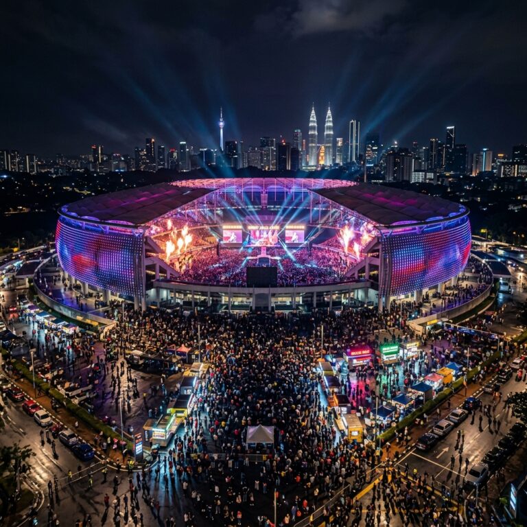 Suasana konser malam hari di Stadium Nasional Bukit Jalil, Kuala Lumpur